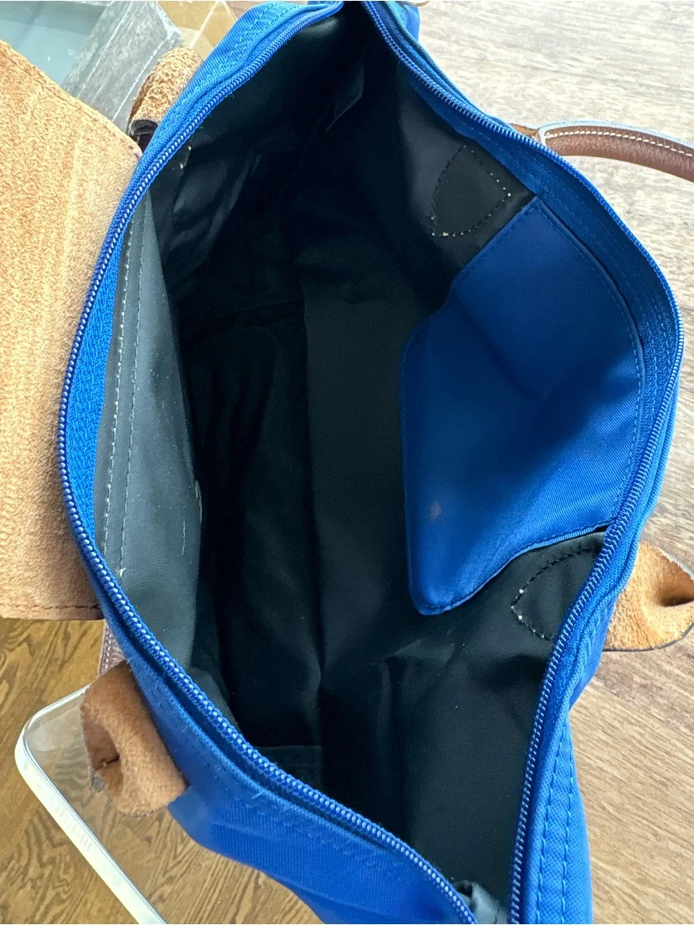 Longchamp Le Pliage Blue Nylon Tote with Brown Leather Trim